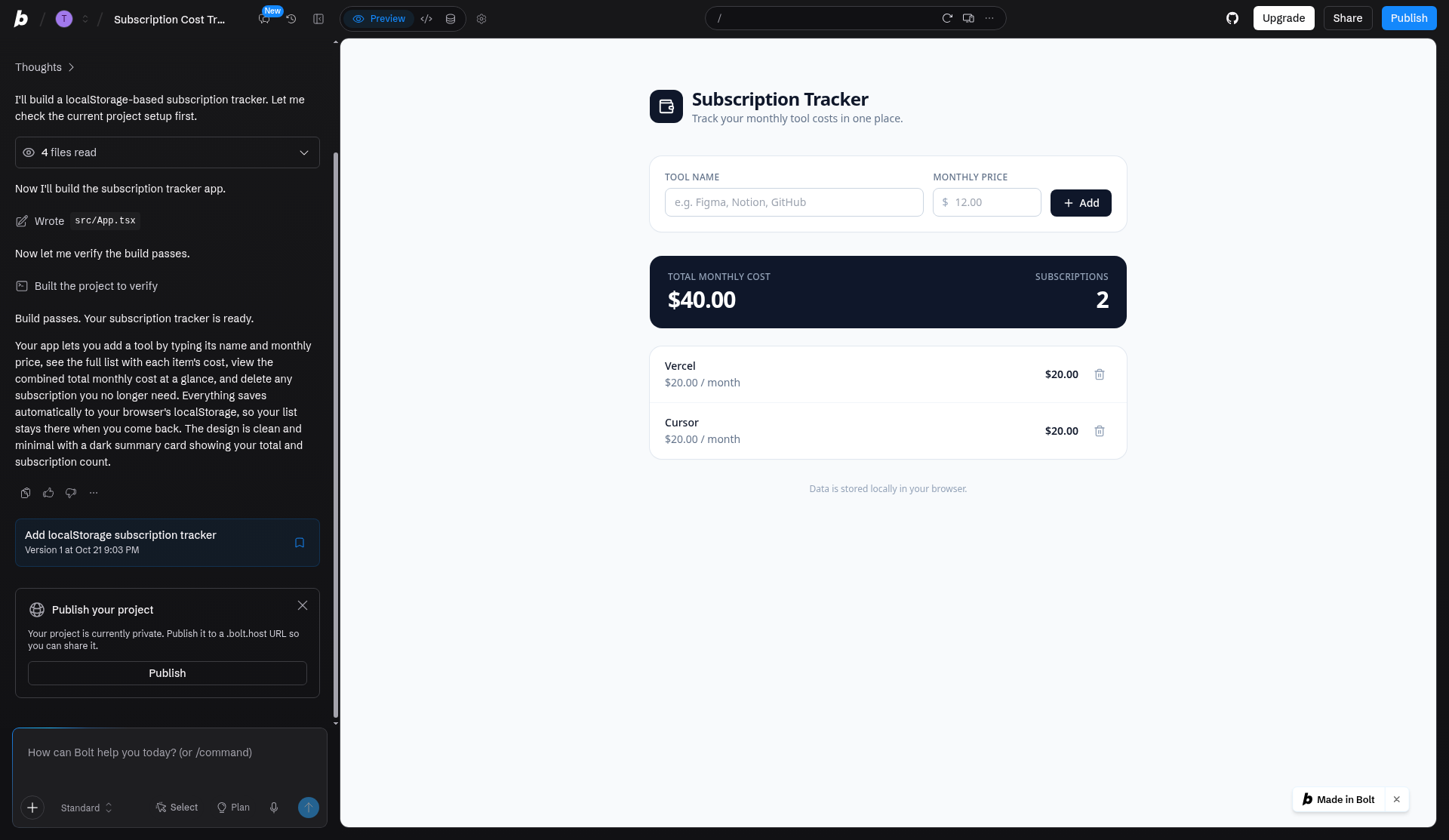 Bolt.new free plan: the subscription tracker it built, showing $40.00 total after a delete