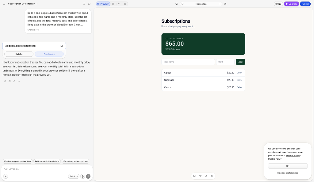 Lovable free plan: the subscription tracker it built, showing $65.00 monthly and $780.00 per year